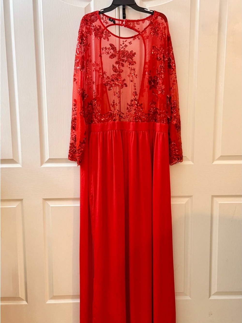 Red Sheer sequined classy and sexy Lace Bodice Evening Dress with slit.